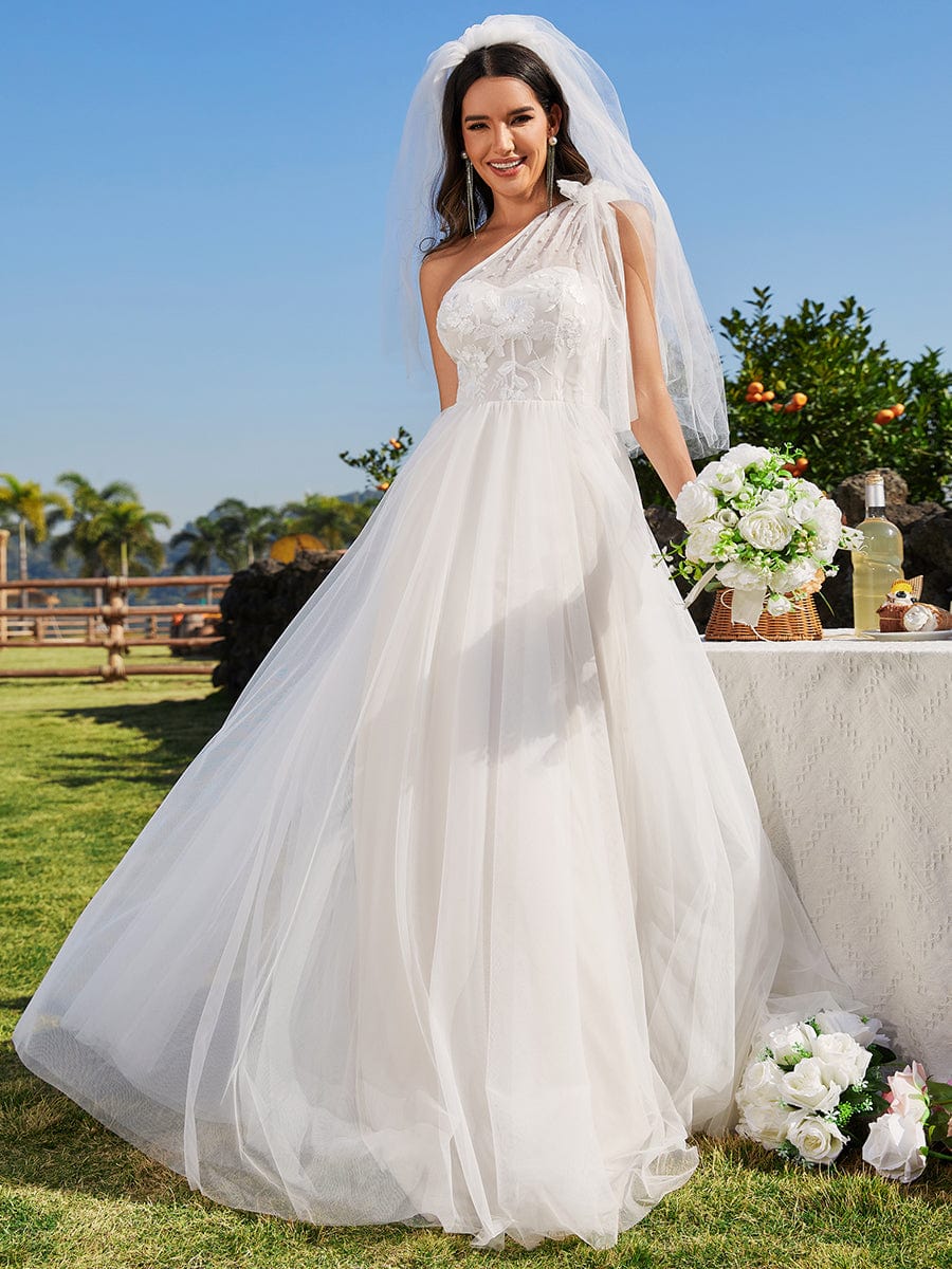 One-Shoulder Backless Tulle Wedding Dress with Front Floral Print #color_Ivory