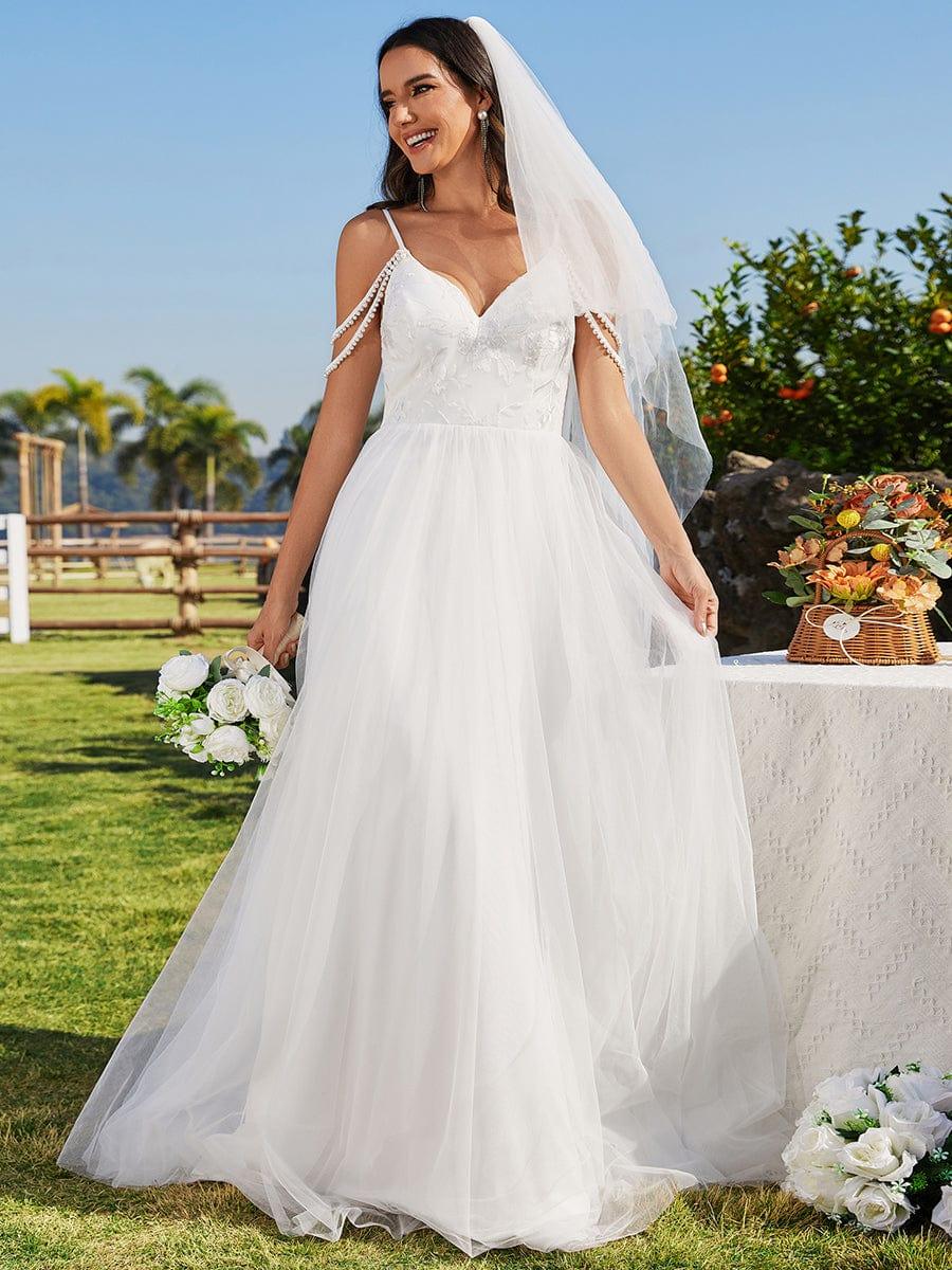 A-Line V-Neck Spaghetti Strap Embroidered Tulle Wedding Dresses #color_White