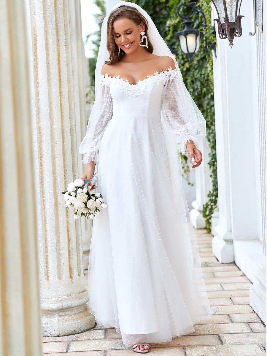 Ever-Pretty All-Over Lace Bell Sleeve Fishtail Wedding Dress in White Size 8