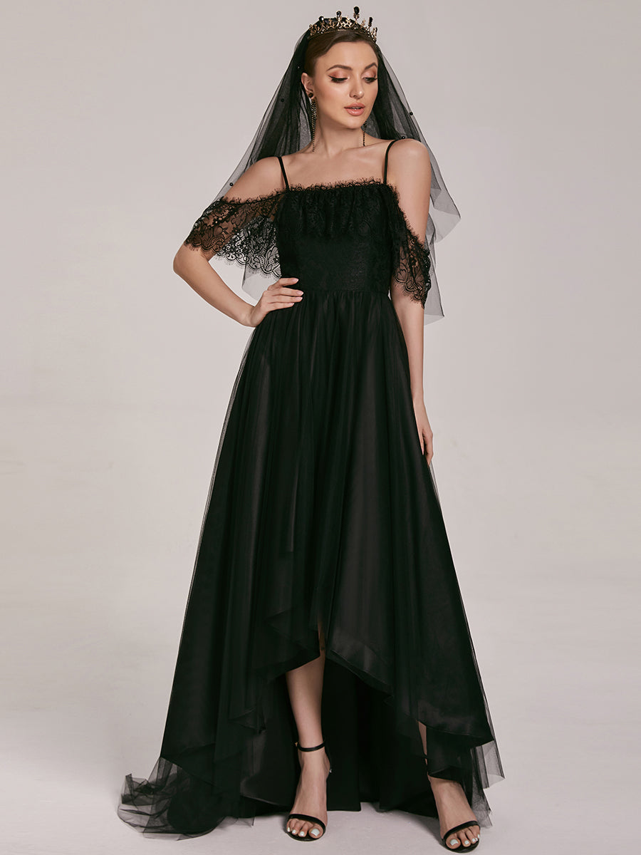 Cold Shoulder Lace High-Low Wedding Dress #color_Black