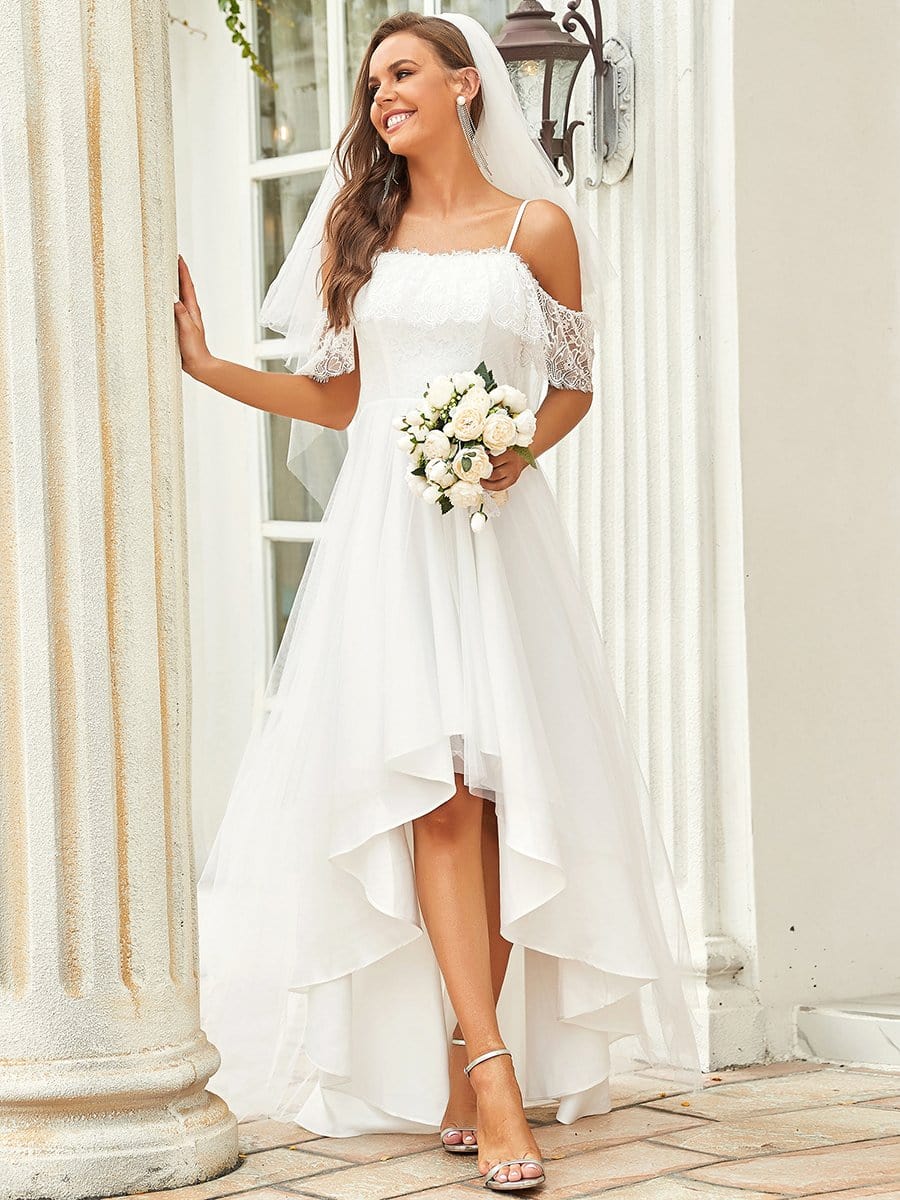 Lace Cold Shoulder Hi Low Wedding Dress for Outdoor - Ever-Pretty US