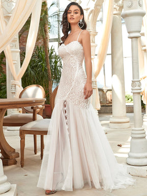 Chic Long A-line Spaghetti Straps Lace Wedding Dress With Slit –