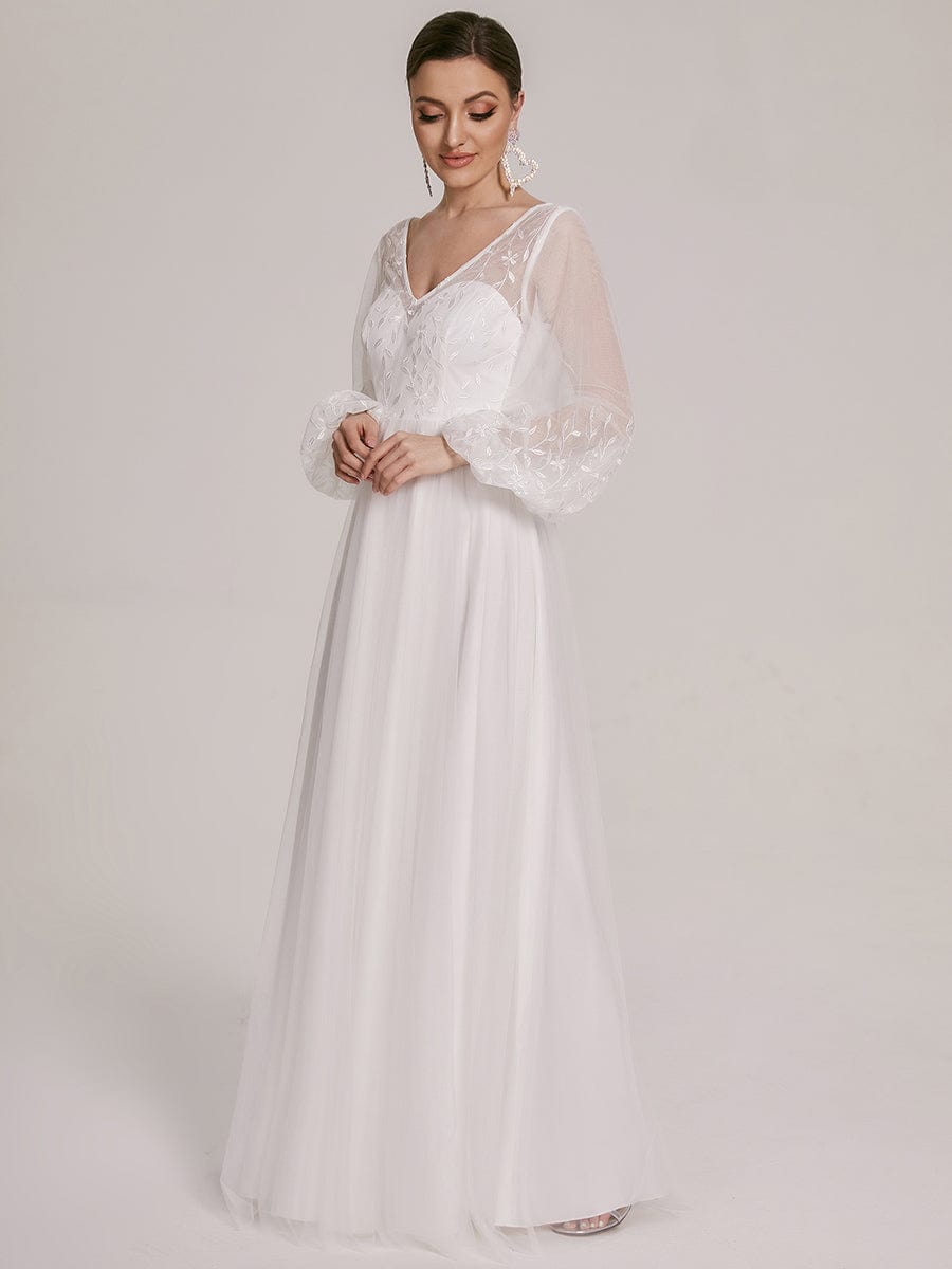 Sheer Floral Puffed Sleeve Sweetheart A-Line Wedding Dress #Color_White