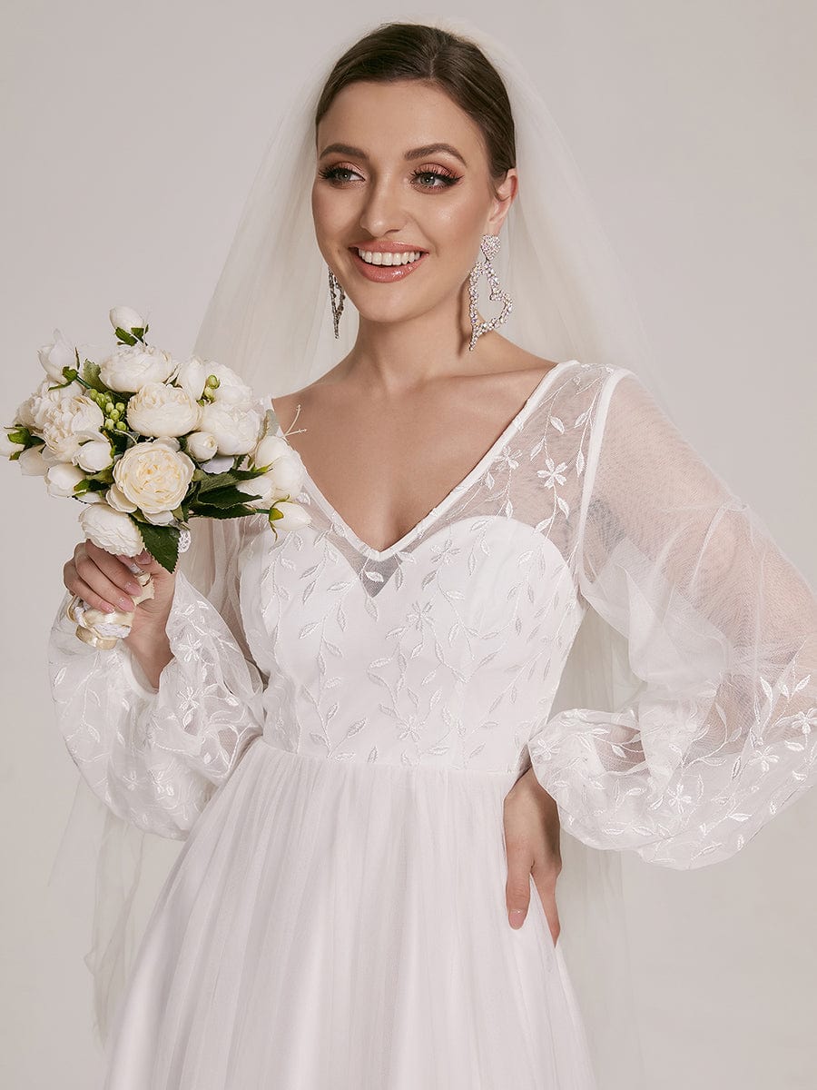 Sheer Floral Puffed Sleeve Sweetheart A-Line Wedding Dress #Color_White