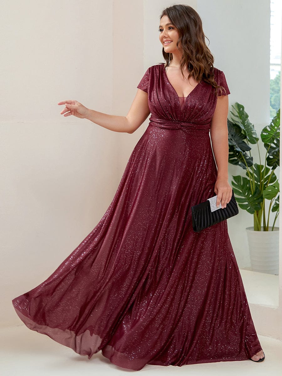 Custom Size Plus Size Cap Sleeve V-neck A-line Mother of the Bride Dress #color_Burgundy