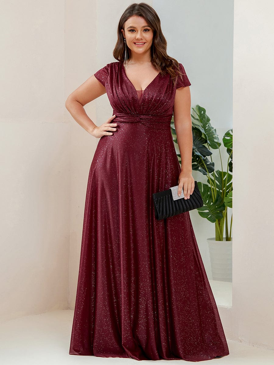 Custom Size Plus Size Cap Sleeve V-neck A-line Mother of the Bride Dress #color_Burgundy