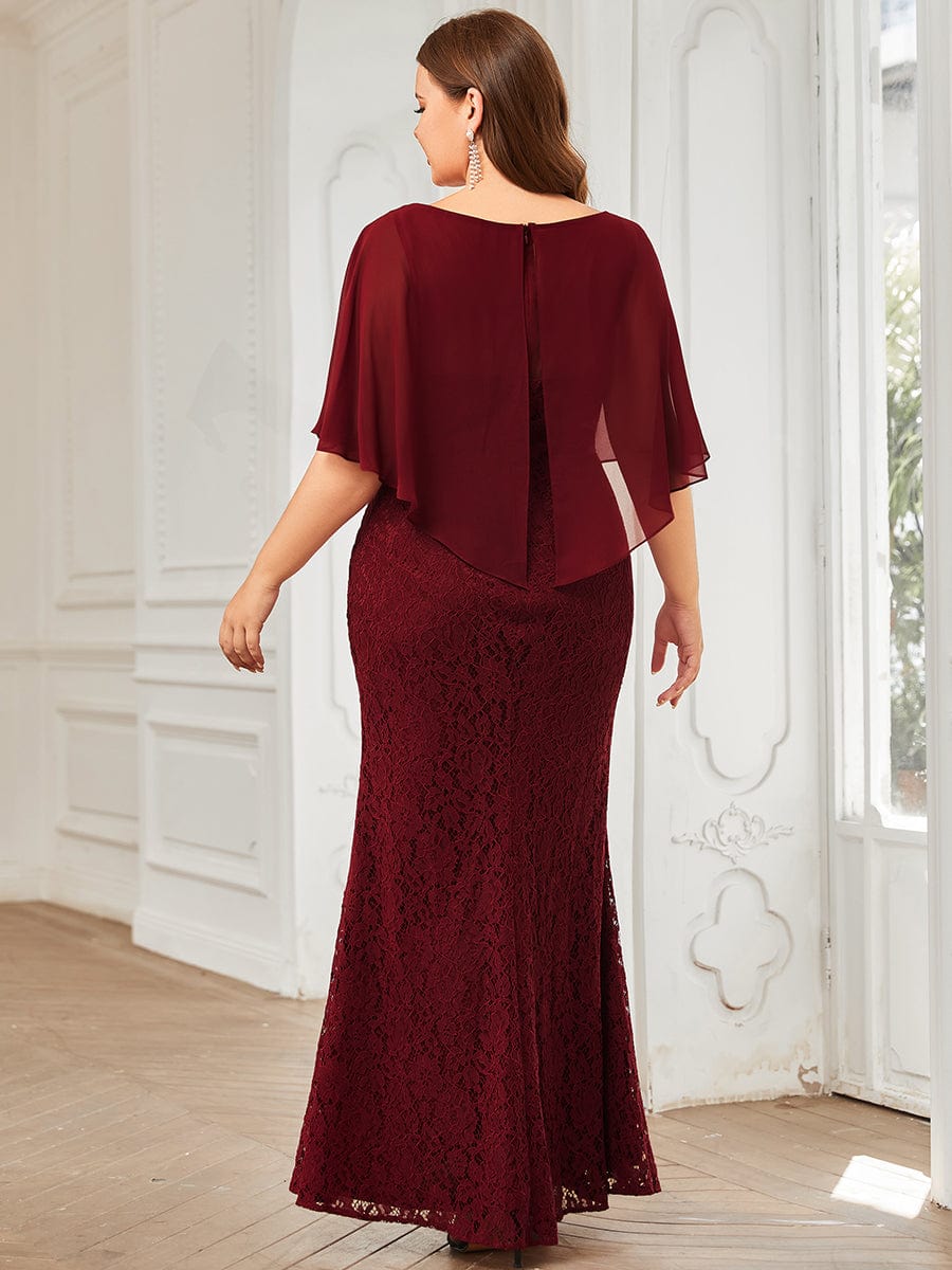 Plus Size Lace Fishtail Chiffon Coverup Mother of the Bride Dress #color_Burgundy