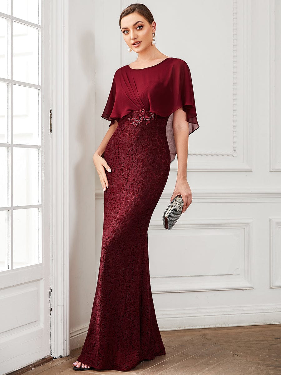 Lace Fishtail Chiffon Coverup Mother Of The Bride Dress #color_Burgundy