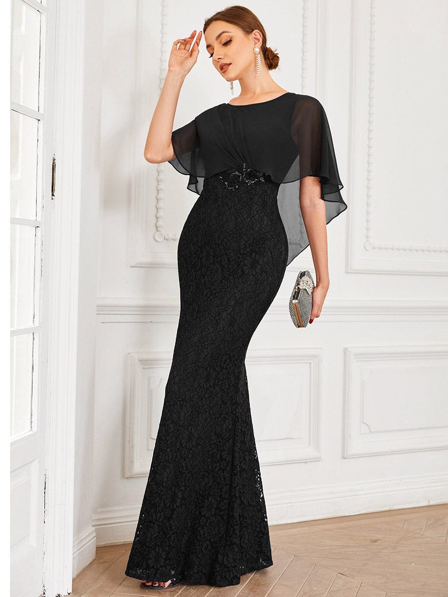 Lace Fishtail Chiffon Coverup Mother Of The Bride Dress #color_Black