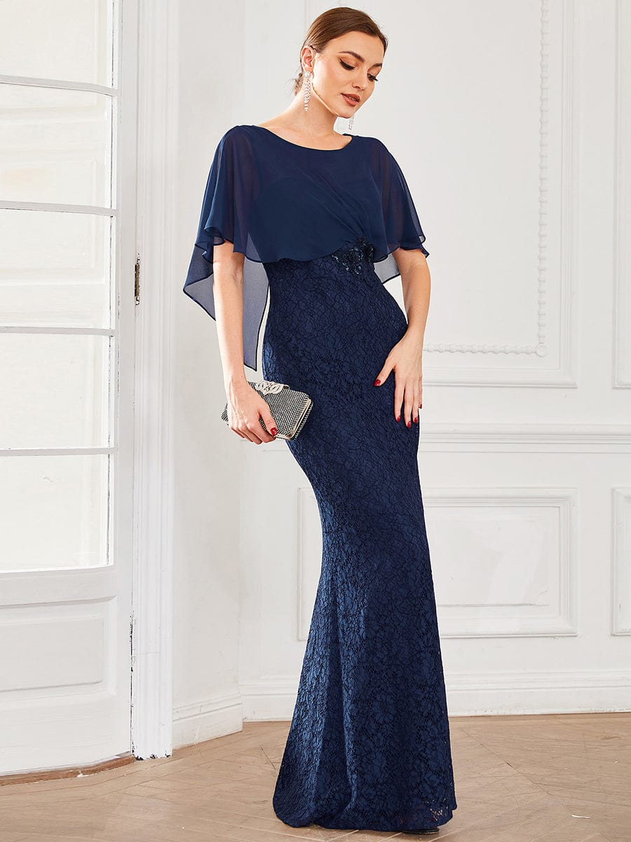 Lace Fishtail Chiffon Coverup Mother Of The Bride Dress #color_Navy Blue