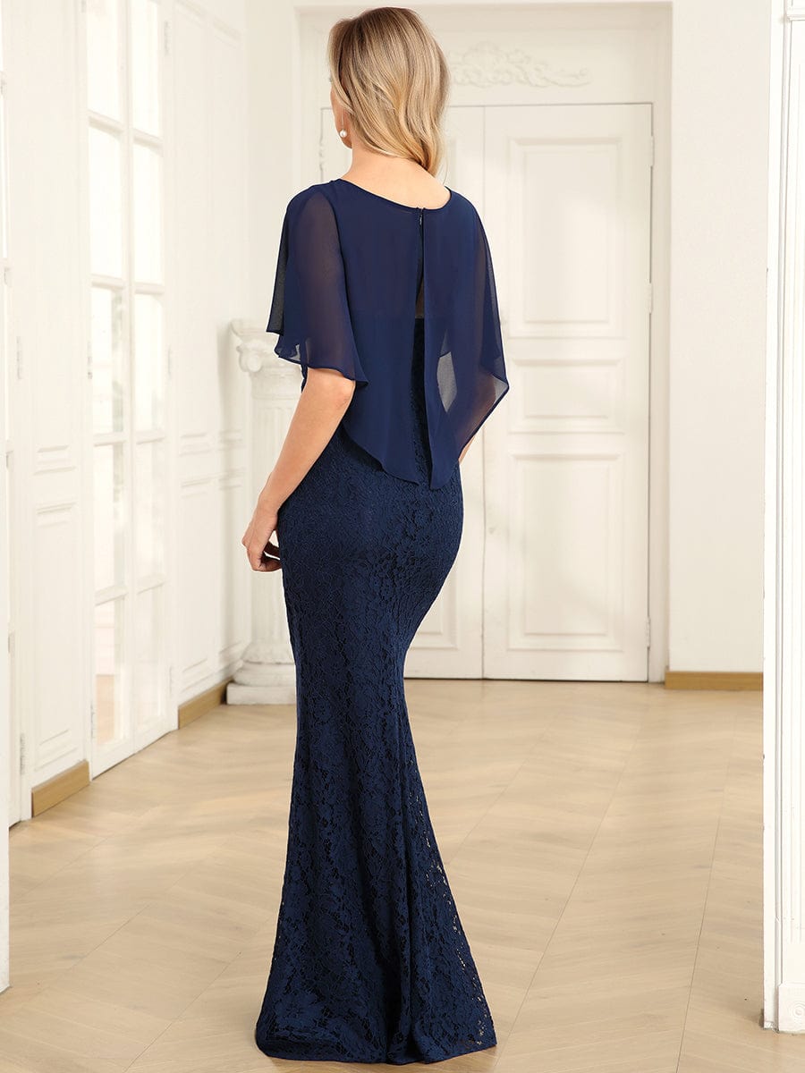 Lace Fishtail Chiffon Coverup Mother Of The Bride Dress #color_Navy Blue