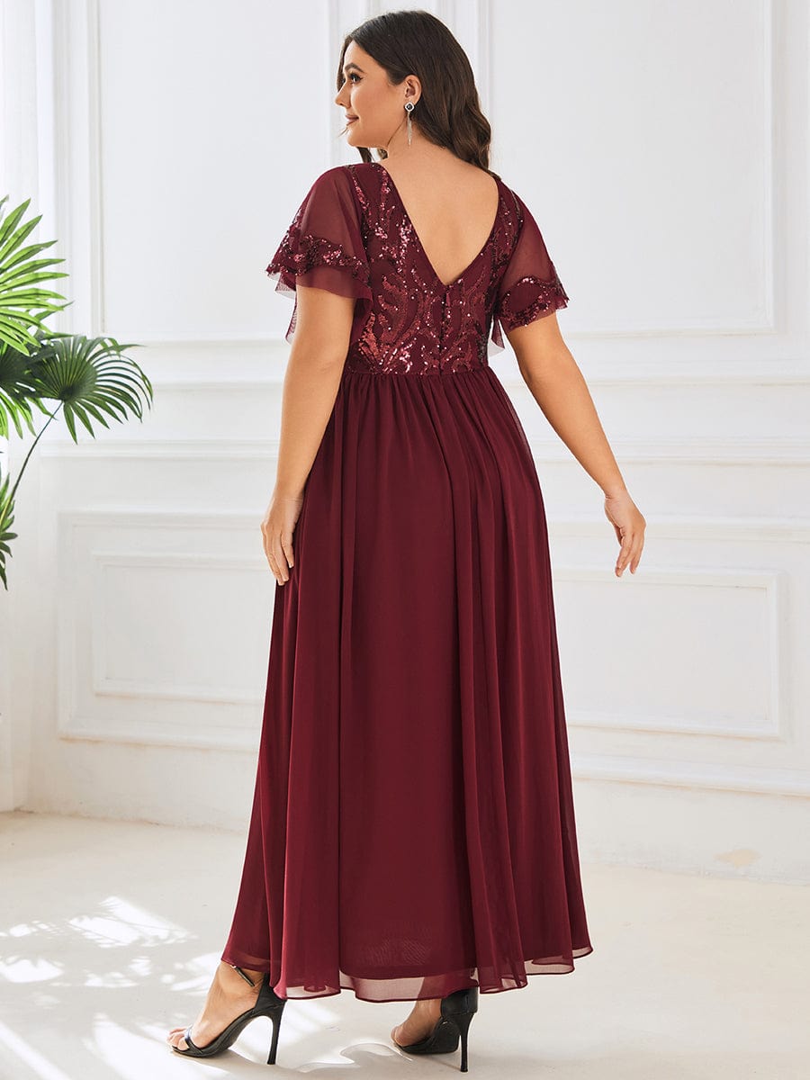 Plus Size V-Neck Short Sleeve Sequin Bodice Mother of the Bride Dress #color_Burgundy