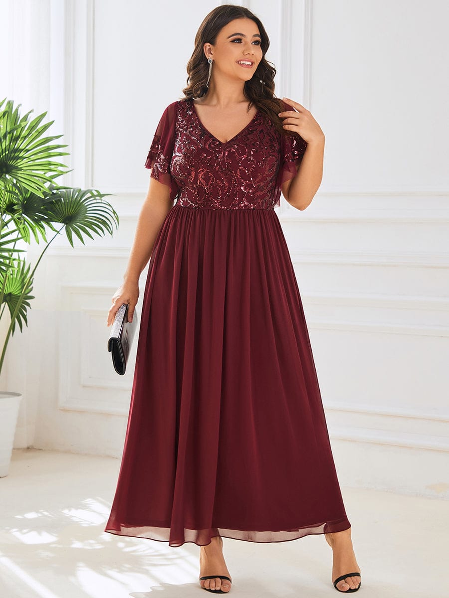 Custom Size V-Neck Short Sleeve Sequin Bodice Mother of the Bride Dress #Color_Burgundy