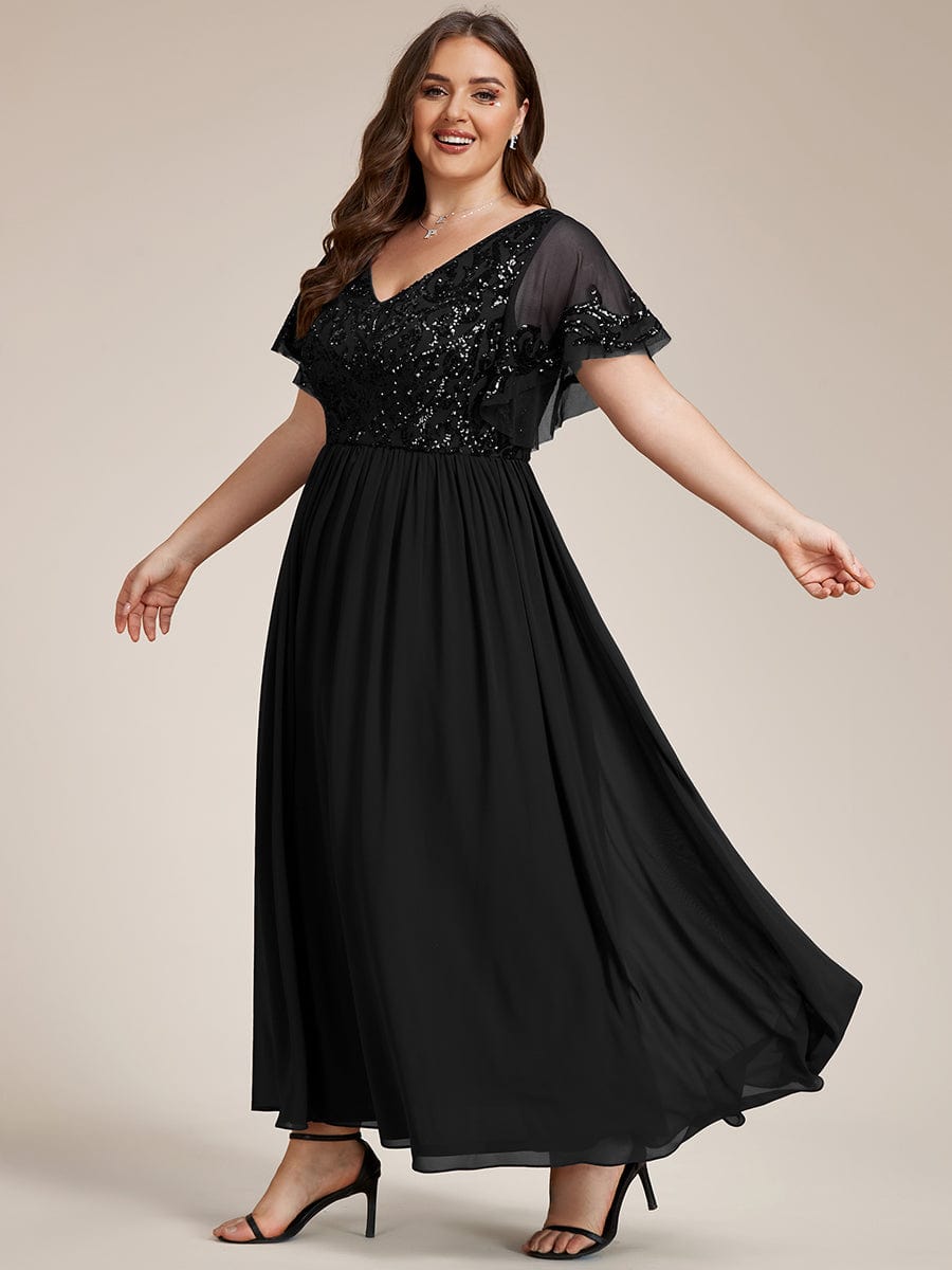 Custom Size V-Neck Short Sleeve Sequin Bodice Mother of the Bride Dress #Color_Black