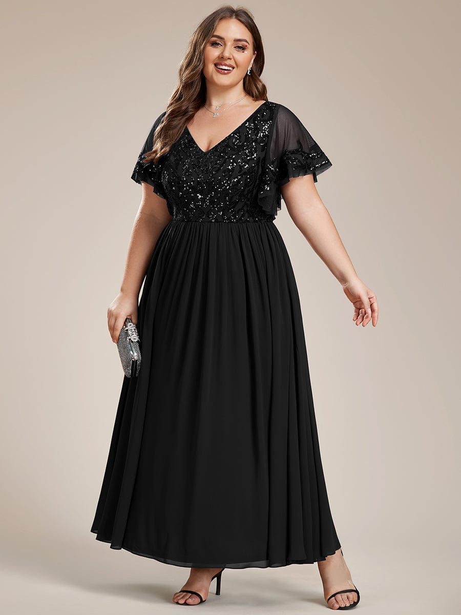 Custom Size V-Neck Short Sleeve Sequin Bodice Mother of the Bride Dress #Color_Black