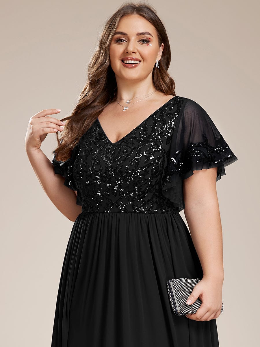 Plus Size V-Neck Short Sleeve Sequin Bodice Mother of the Bride Dress #Color_Black