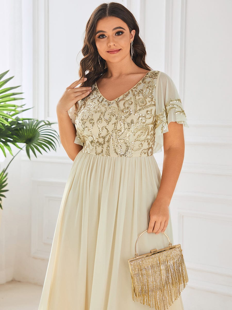 Custom Size V-Neck Short Sleeve Sequin Bodice Mother of the Bride Dress #Color_Gold