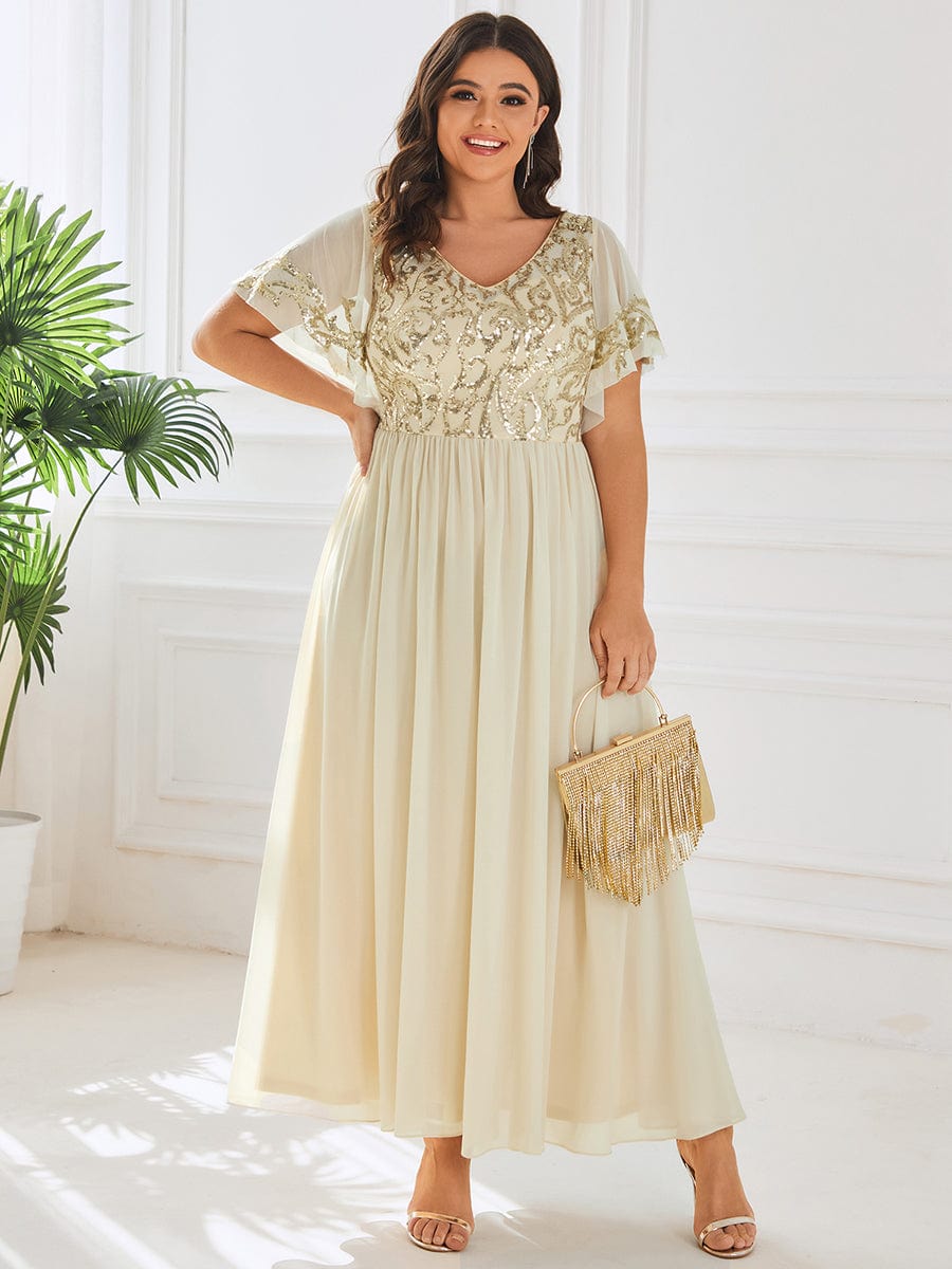 Short Sleeve V-Neck Sequin Chiffon A-Line Mother of the Bride Dress #Color_Gold