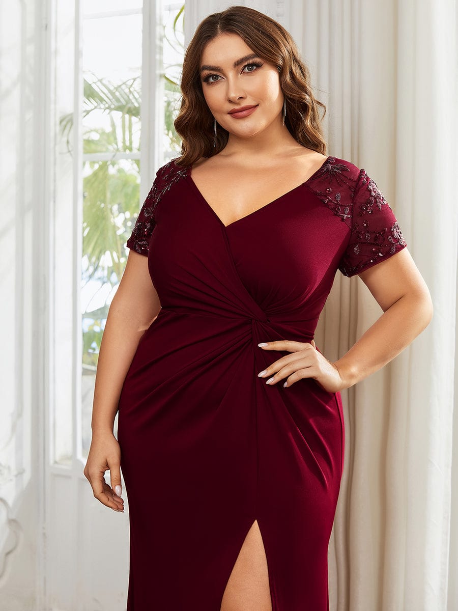 Deep V-Neck Sequin Short Sleeve High Side Front Slit Mother of the Bride Dress #color_Burgundy