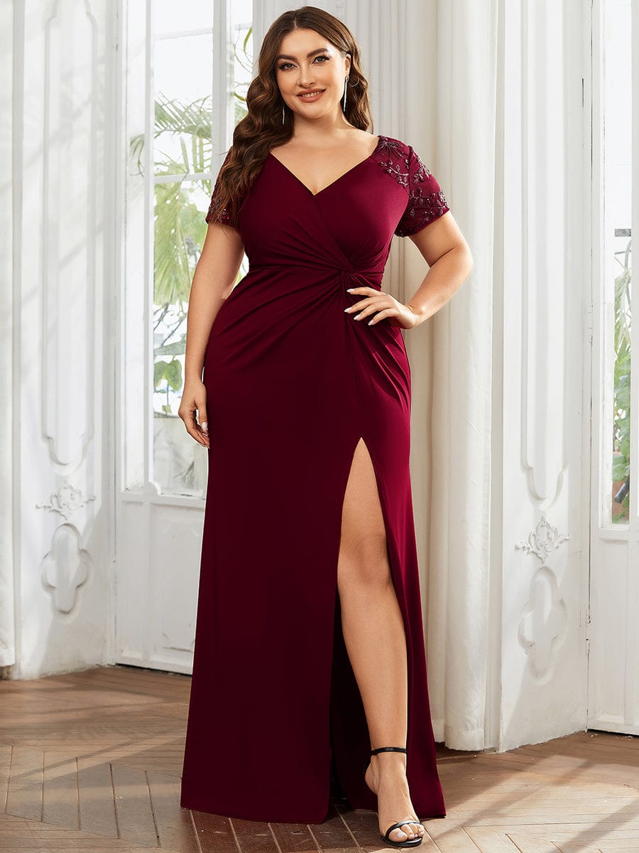 Plus Size Front Slit Short Sleeve With Sequin Mother of the Bride Dress #color_Burgundy