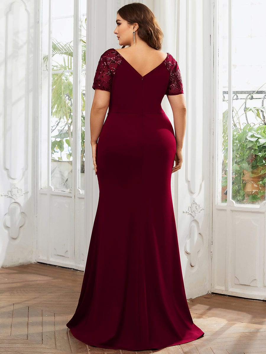 Deep V-Neck Sequin Short Sleeve High Side Front Slit Mother of the Bride Dress #color_Burgundy