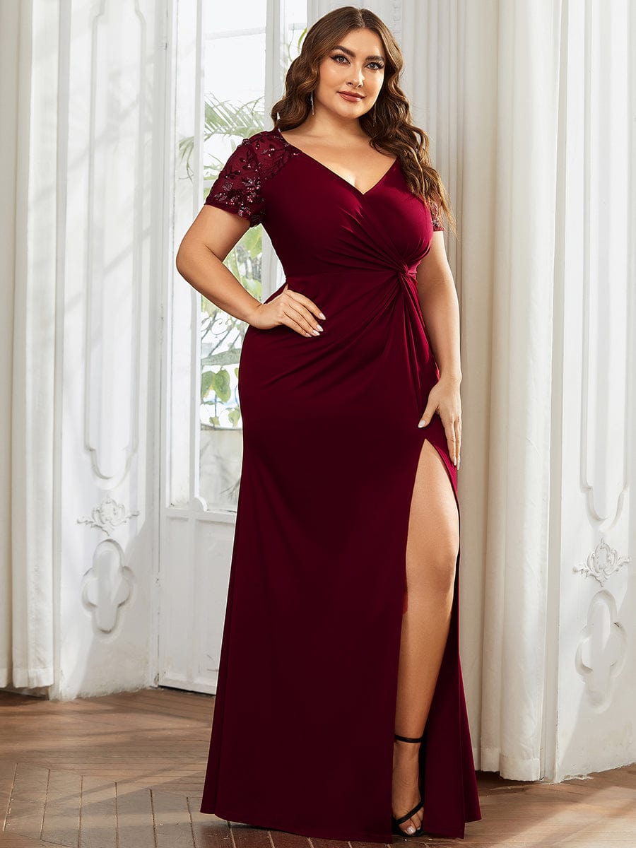 Custom Size Front Slit Short Sleeve With Sequin Mother of the Bride Dress #Color_Burgundy