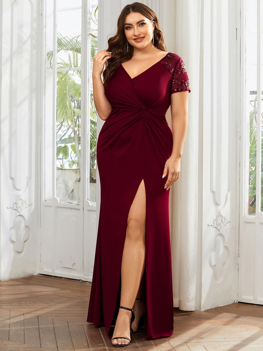 Deep V-Neck Sequin Short Sleeve High Side Front Slit Mother of the Bride Dress #color_Burgundy