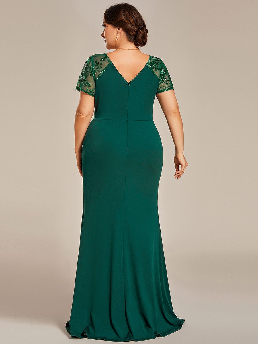 Plus Size Front Slit Short Sleeve With Sequin Mother of the Bride Dress #color_Dark Green