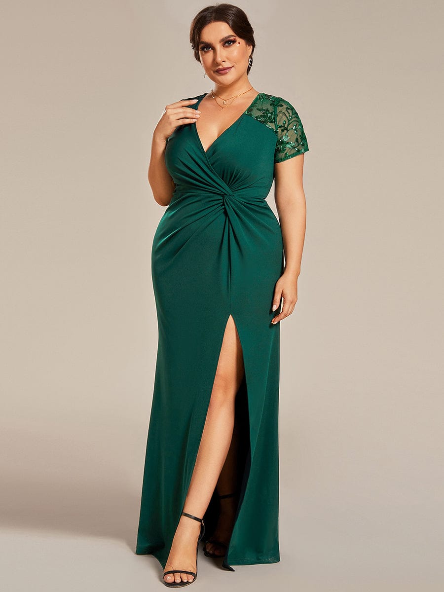 Plus Size Front Slit Short Sleeve With Sequin Mother of the Bride Dress #color_Dark Green