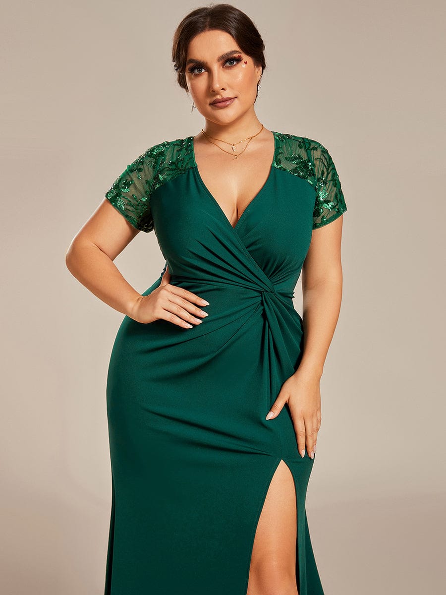 Plus Size Front Slit Short Sleeve With Sequin Mother of the Bride Dress #color_Dark Green