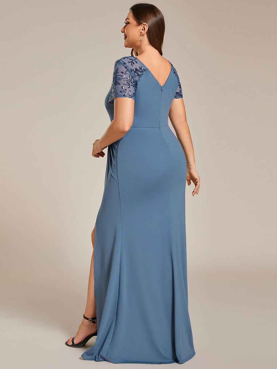 Plus Size Front Slit Short Sleeve With Sequin Mother of the Bride Dress #color_Dusty Blue