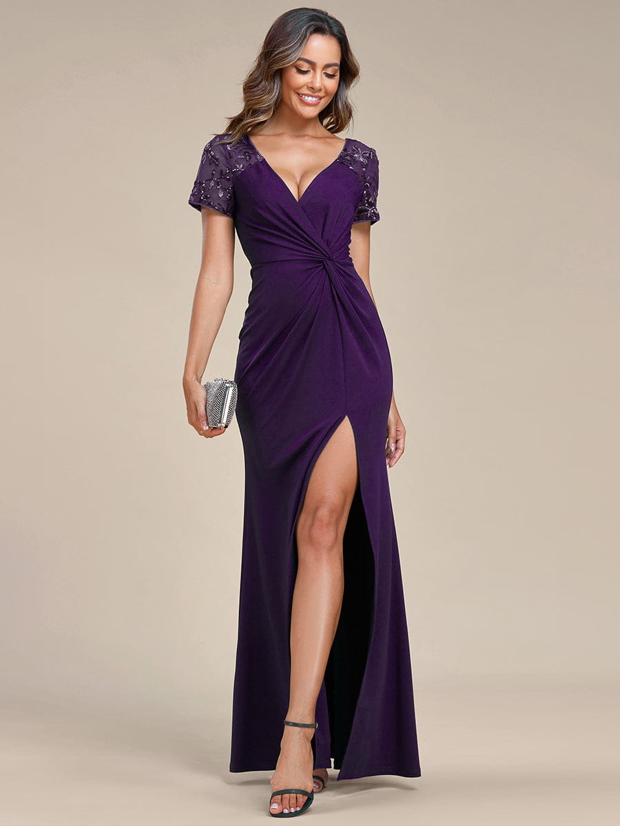 Deep V-Neck Sequin Short Sleeve High Side Front Slit Mother of the Bride Dress #color_Dark Purple