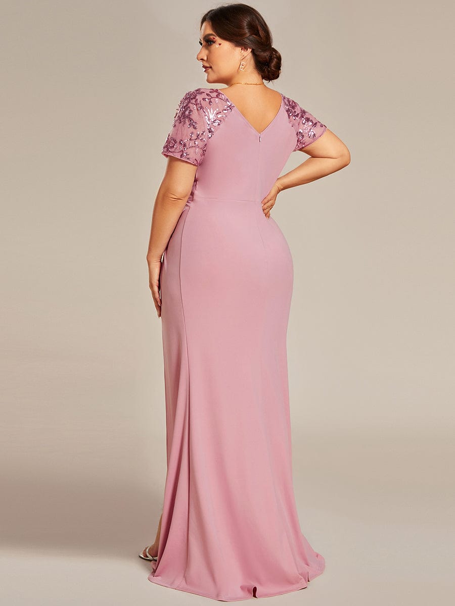 Plus Size Front Slit Short Sleeve With Sequin Mother of the Bride Dress #color_Dusty Rose