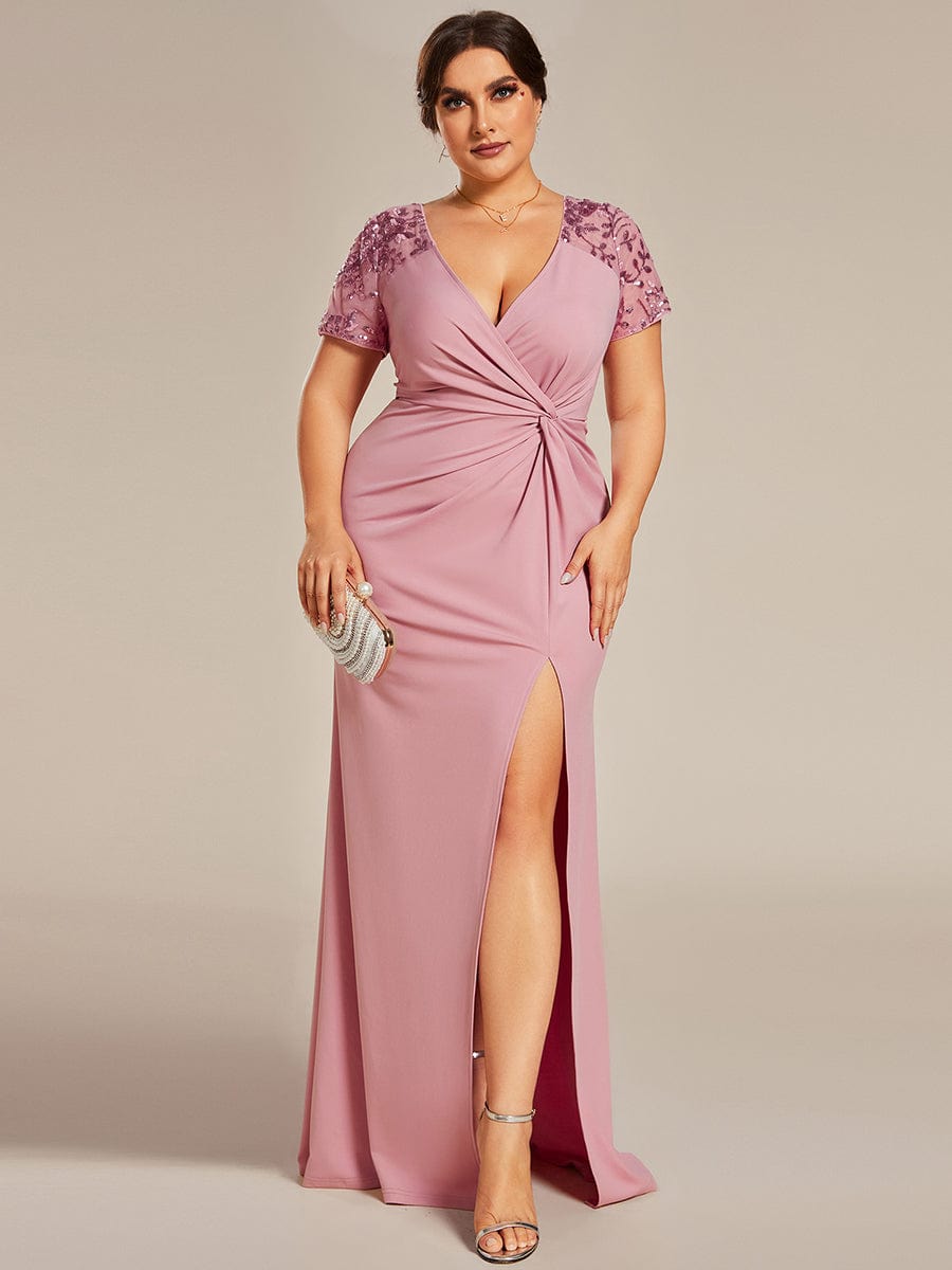 Deep V-Neck Sequin Short Sleeve High Side Front Slit Mother of the Bride Dress #color_Dusty Rose