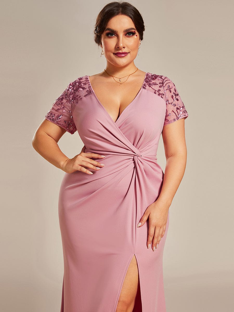 Plus Size Front Slit Short Sleeve With Sequin Mother of the Bride Dress #color_Dusty Rose