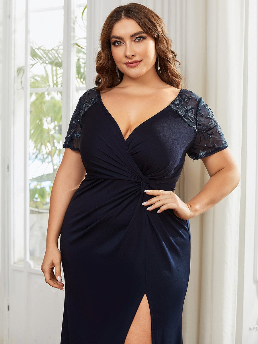 Plus Size Front Slit Short Sleeve With Sequin Mother of the Bride Dress #color_Navy Blue