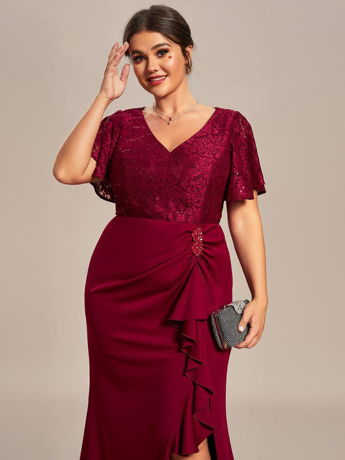 Plus Size Ruffles Sleeve Lace Top Mother of the Bride Dress with Lotus ...