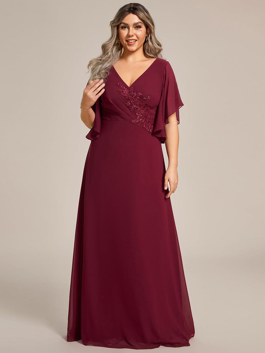 Half Sleeves Top Applique Decoration Chiffon Mother of the Bride Dress #color_Burgundy