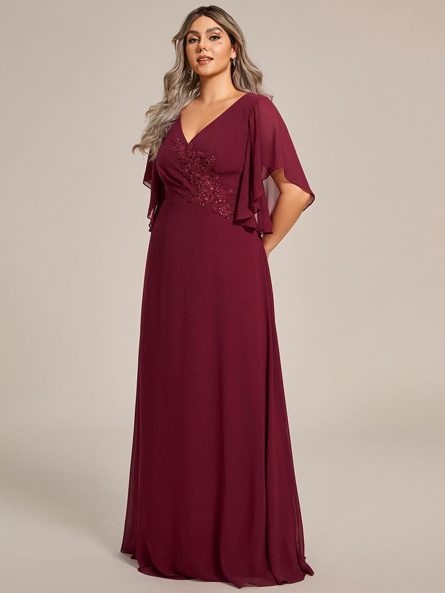 Graceful Plus Size A-line Ruffles Sleeve Chiffon Mother of the Bride Dress with Applique #color_Burgundy