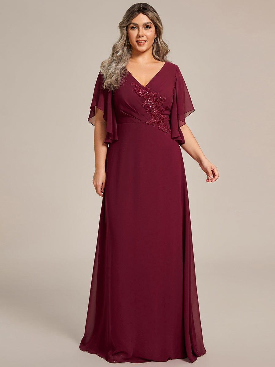 Graceful Plus Size A-line Ruffles Sleeve Chiffon Mother of the Bride Dress with Applique #color_Burgundy