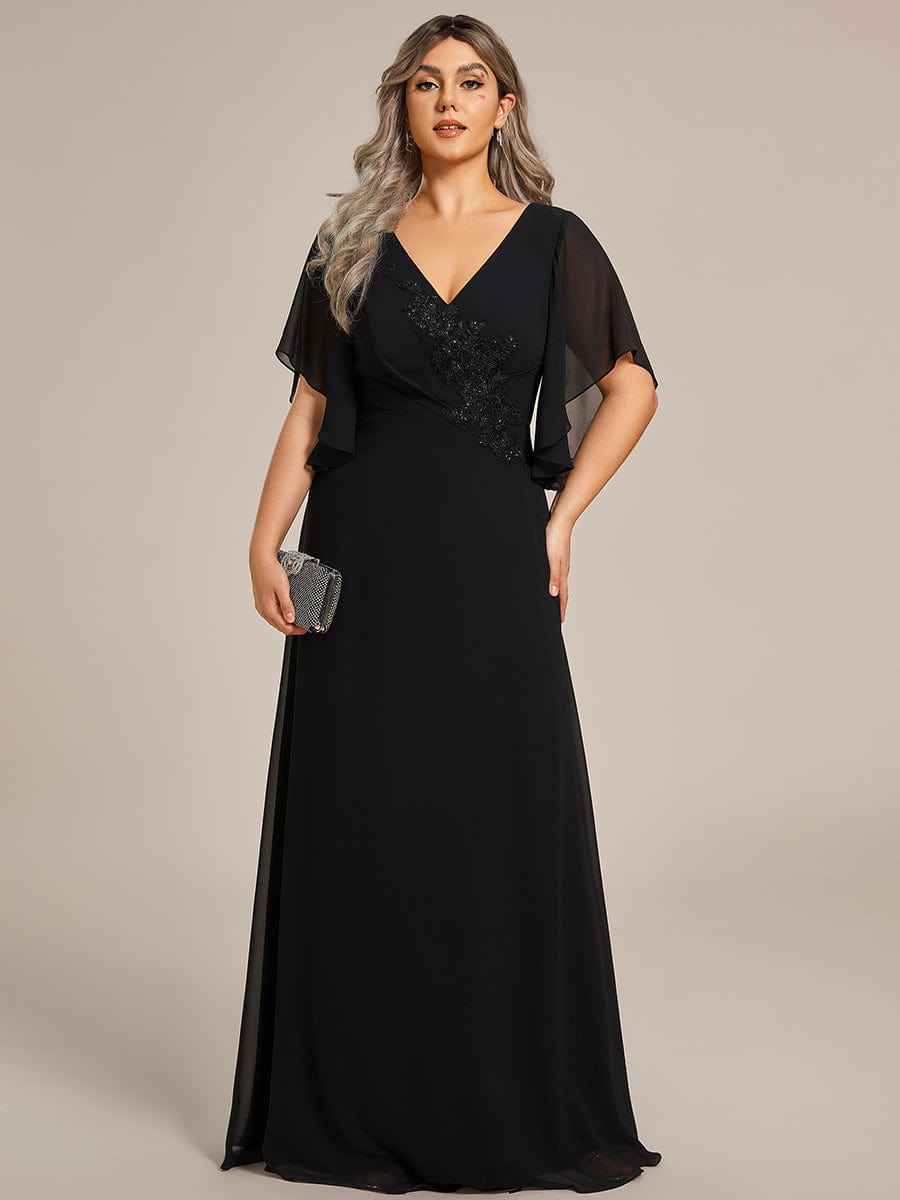 Half Sleeves Top Applique Decoration Chiffon Mother of the Bride Dress #color_Black