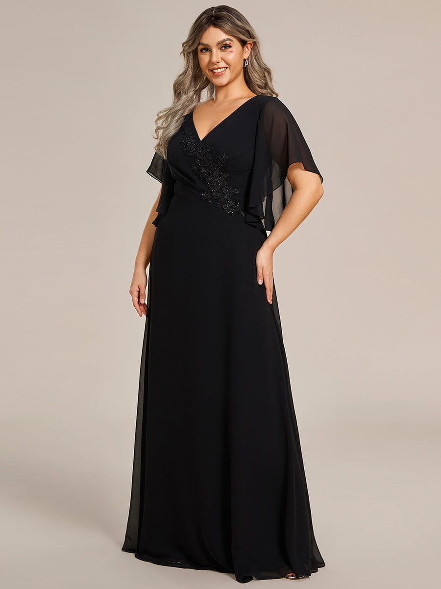 Graceful Plus Size A-line Ruffles Sleeve Chiffon Mother of the Bride Dress with Applique #color_Black