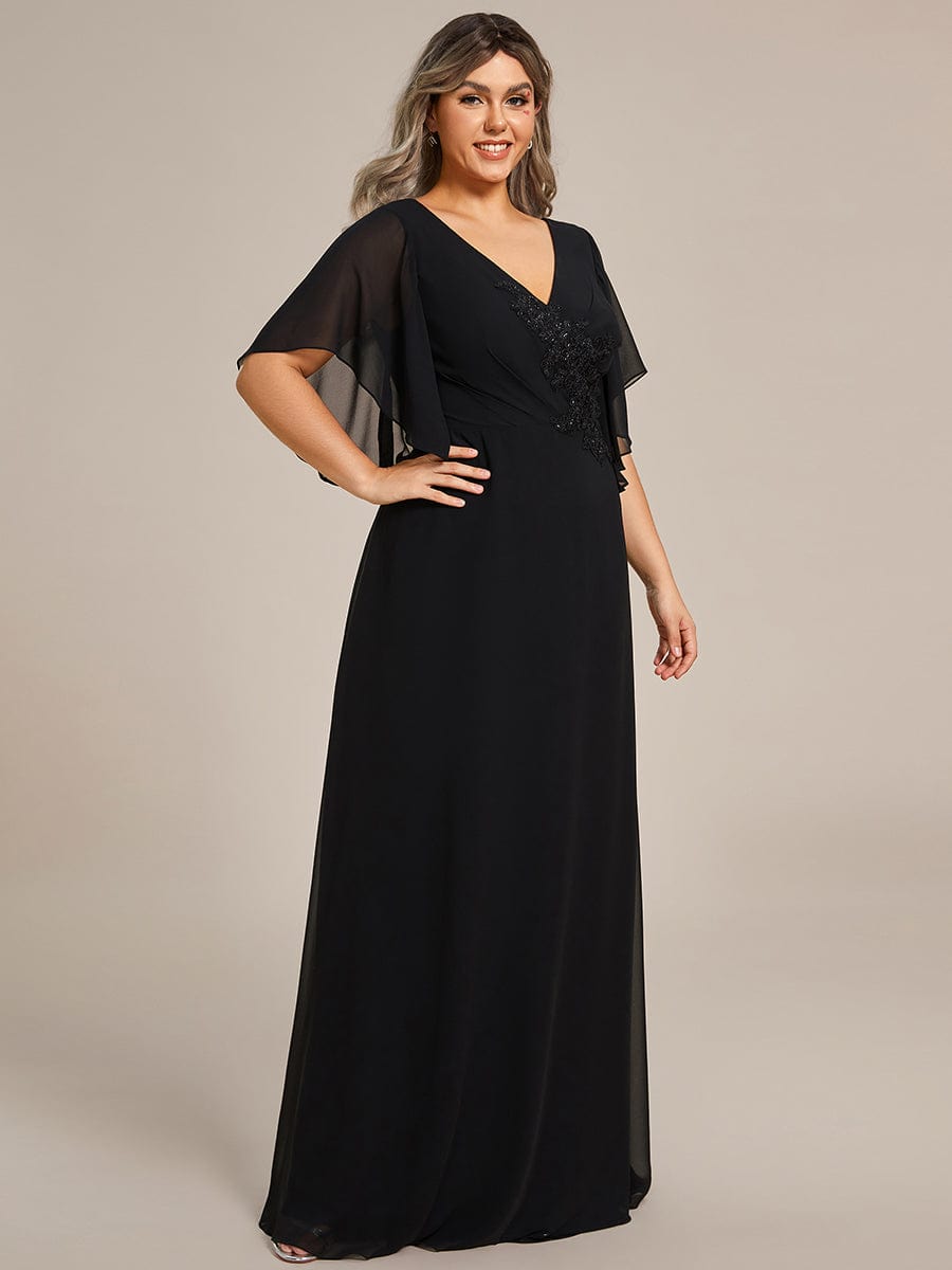 Graceful Plus Size A-line Ruffles Sleeve Chiffon Mother of the Bride Dress with Applique #color_Black