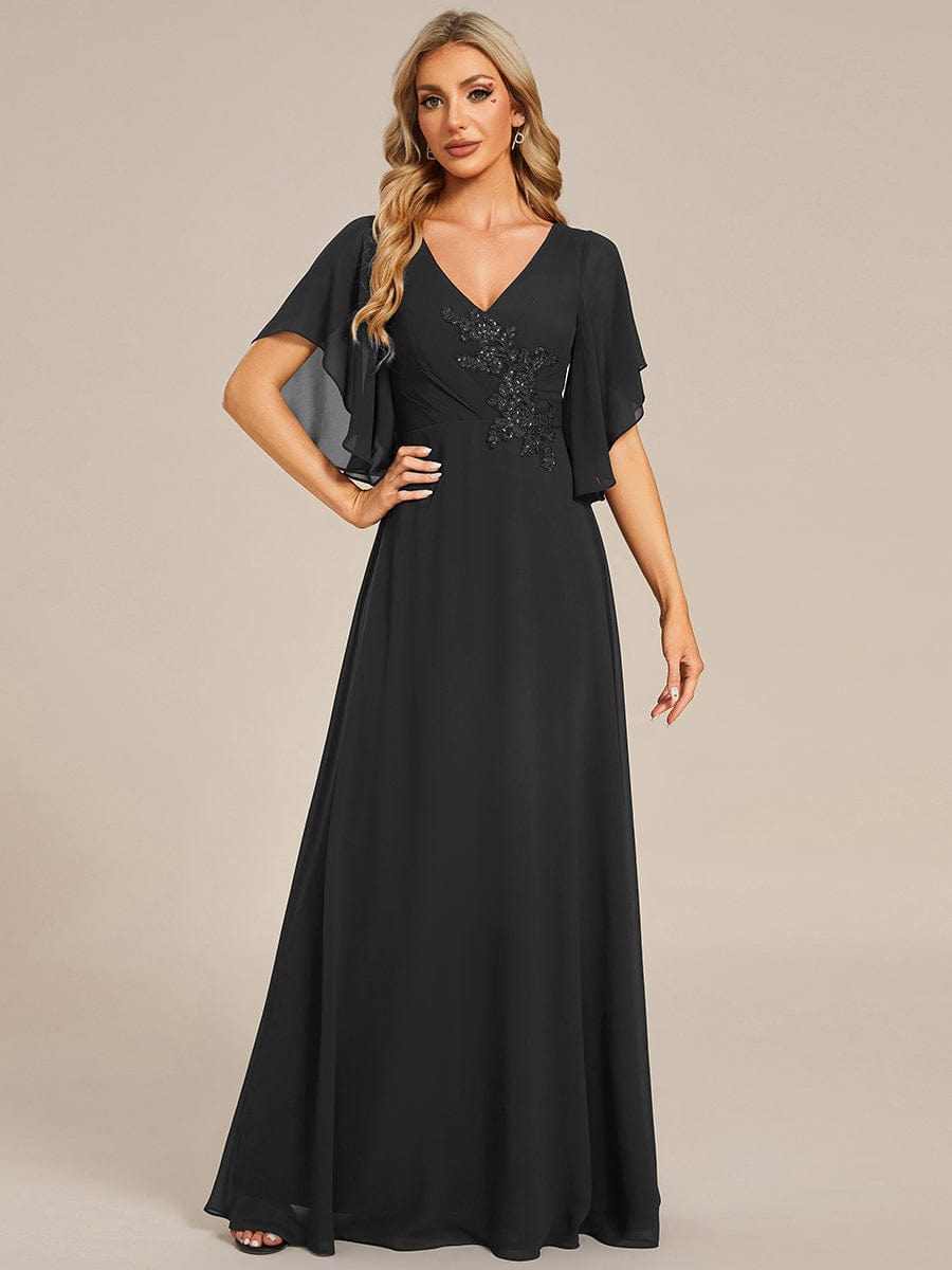 Half Sleeves Top Applique Decoration Chiffon Mother of the Bride Dress #color_Black