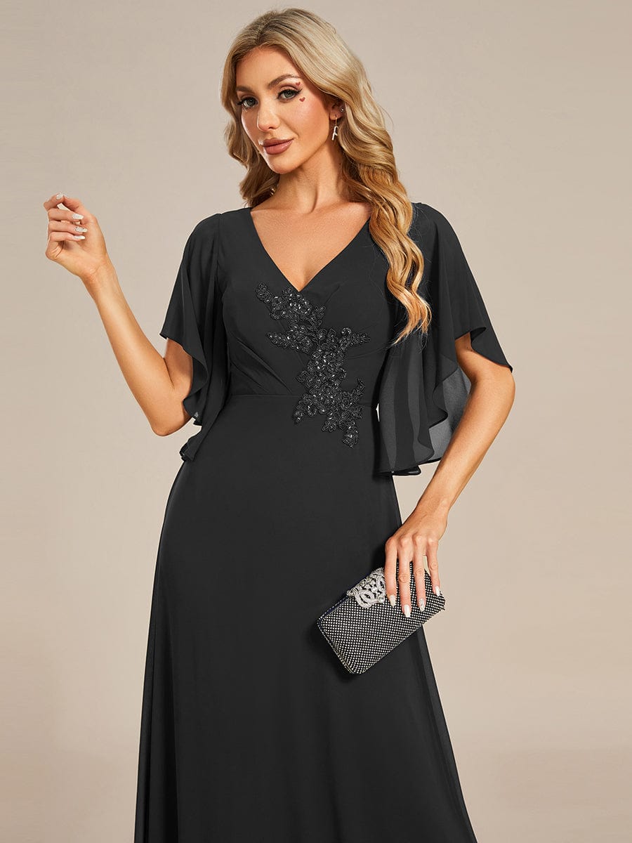 Half Sleeves Top Applique Decoration Chiffon Mother of the Bride Dress #color_Black