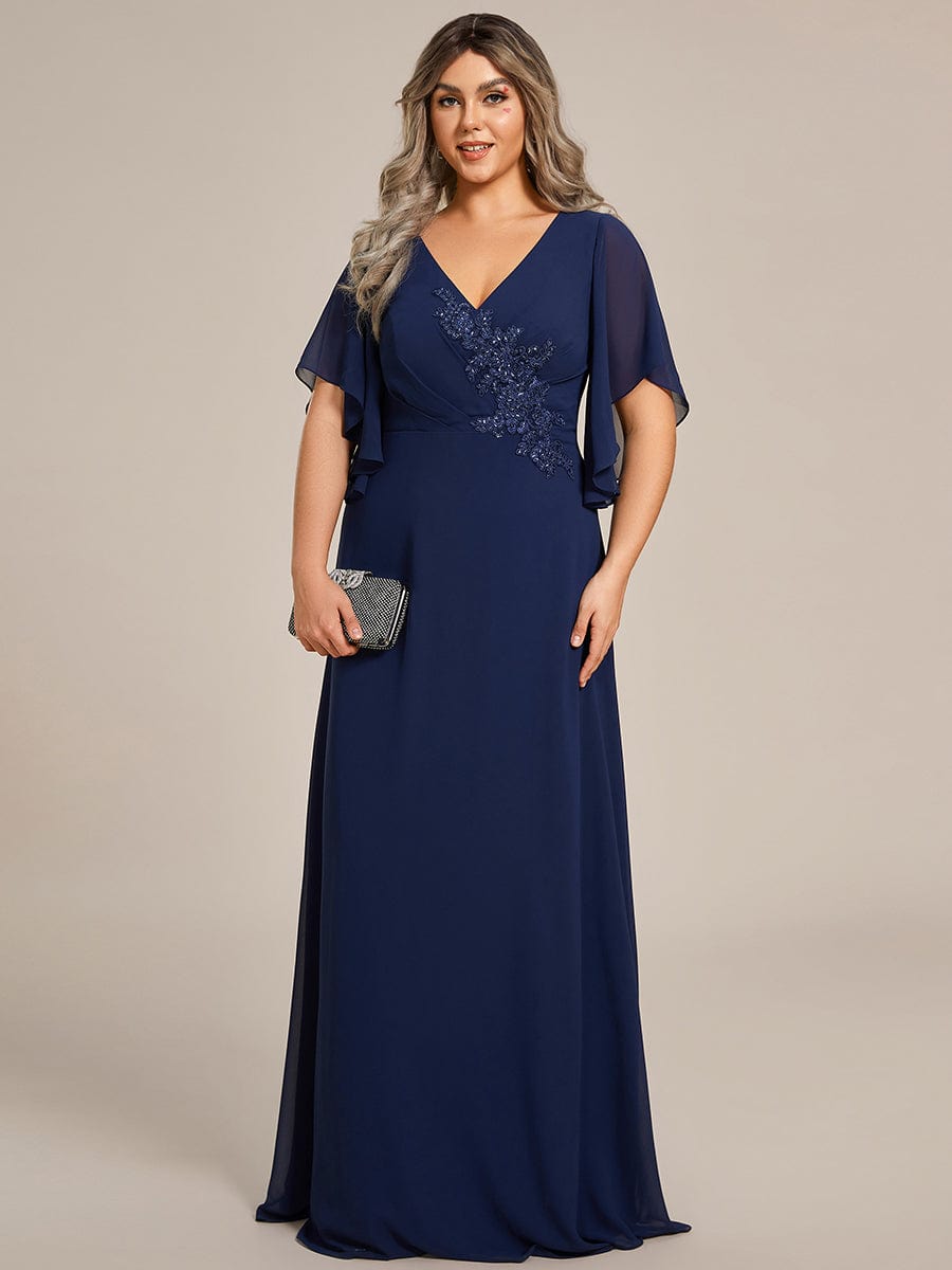 Graceful Plus Size A-line Ruffles Sleeve Chiffon Mother of the Bride Dress with Applique #color_Navy Blue