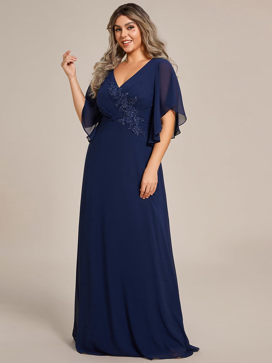 Graceful Plus Size A-line Ruffles Sleeve Chiffon Mother of the Bride Dress with Applique #color_Navy Blue