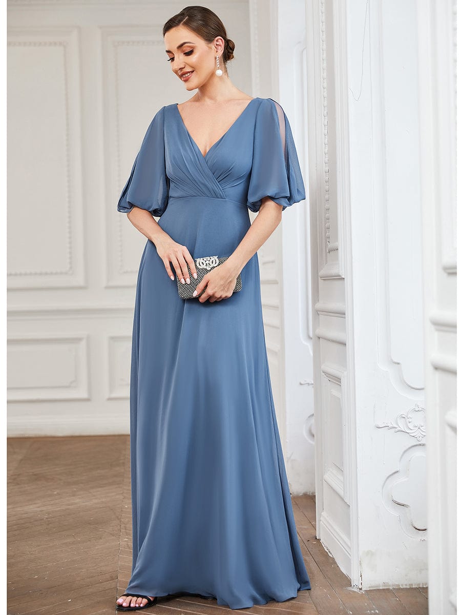Pleated V-Neck Split Sleeve Chiffon Mother of the Bride Dress #Color_Dusty Navy