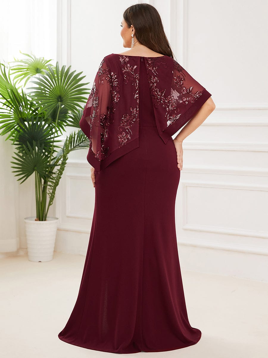 Lace Sequin Shirt Bodycon Floor-Length Mother Dress #color_Burgundy