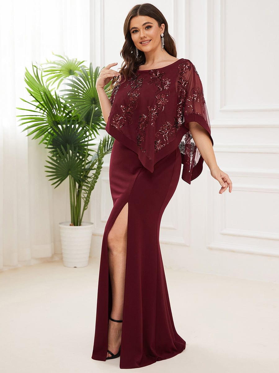 Lace Sequin Shirt Bodycon Floor-Length Mother Dress #color_Burgundy